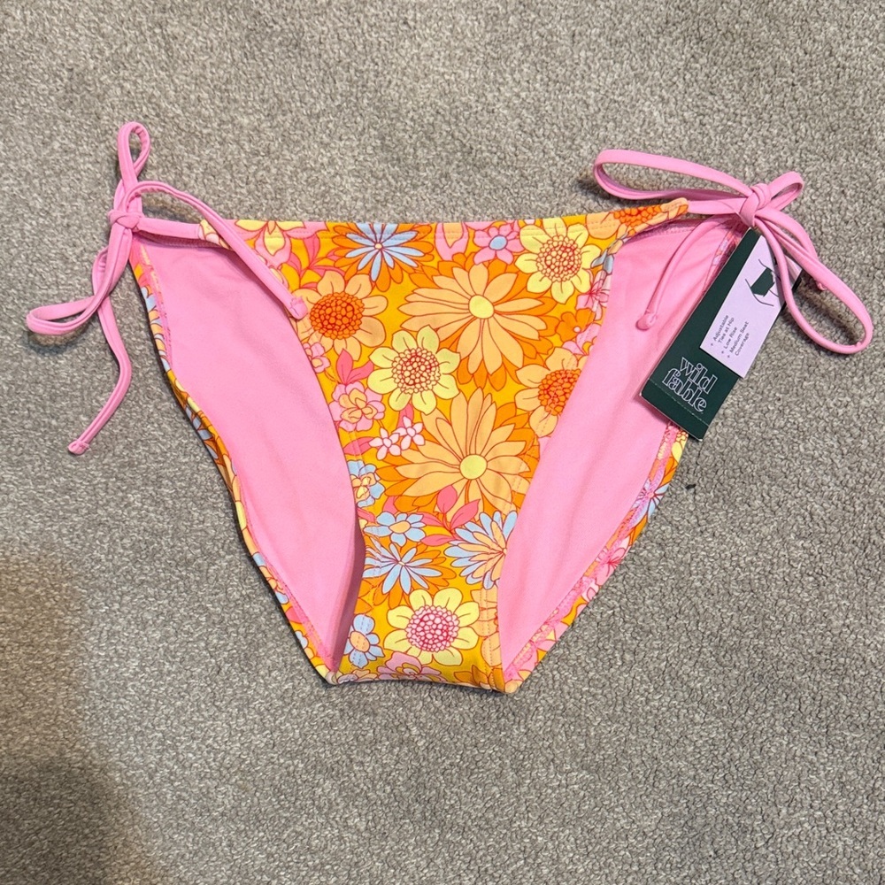 Wild Fable Pink Floral String Side Tie Swim Bikini Bottoms Size S - Picture 2 of 6